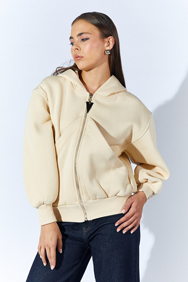 Butter Hooded Sweatshirt with Large Pocket Appearance and Zipper Closure | Ek100275502