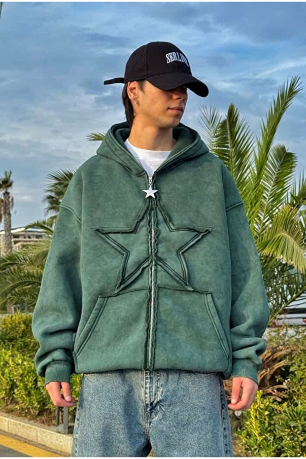 Premium Acid Wash Star Embroidery Oversize Zip