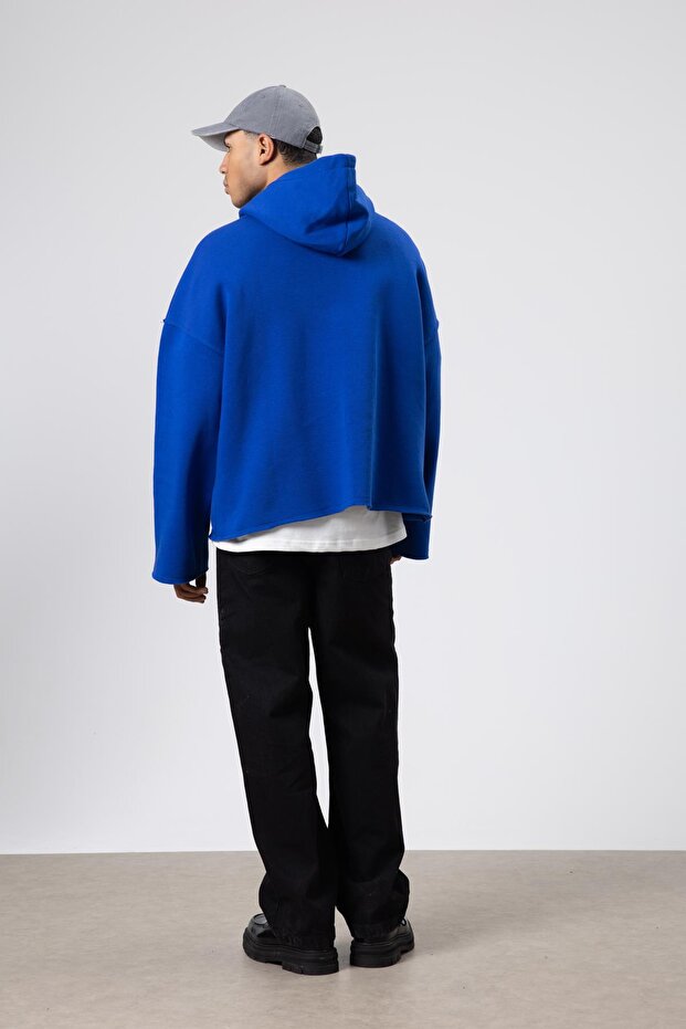 Basic Oversize Dikişsiz Kapüşonlu Sweatshirt Saks - 5