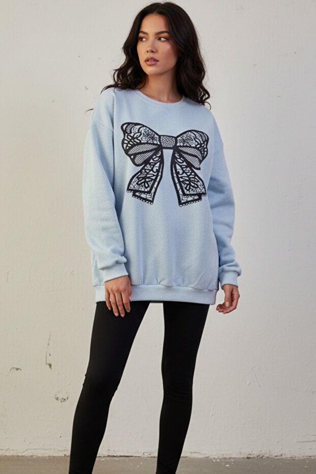 Black Lace Ribbon Patterned Women's Oversize Sweatshirt