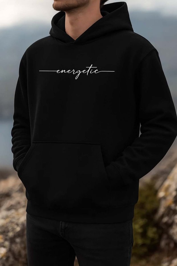 Unisex Black Energetic Printed Hooded Sweatshirt