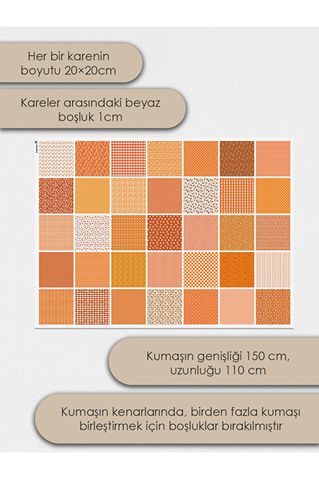 %100 Pamuk Saten Kumaş – 35 Parça 20x20 cm, Tek Parça Patchwork Kumaş, Bej Renkler - 5