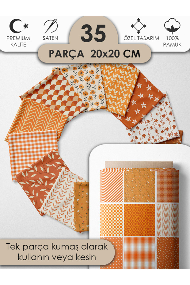 %100 Pamuk Saten Kumaş – 35 Parça 20x20 cm, Tek Parça Patchwork Kumaş, Bej Renkler - 1