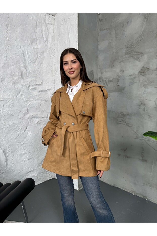 Camel Kuşaklı Süet Trenç - 1