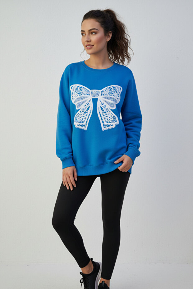 White Lace Ribbon Patterned Women's Oversize Sweatshirt