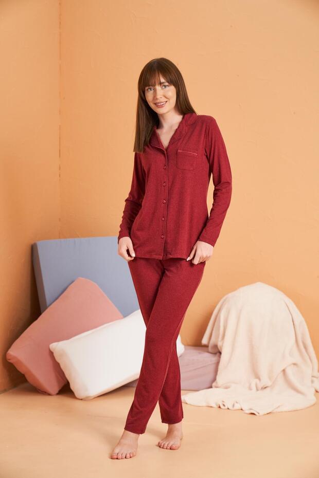 Kadın Biyeli Düğmeli Cepli Uzun Kol Pijama Takımı Yün Viskon Kumaş - 2