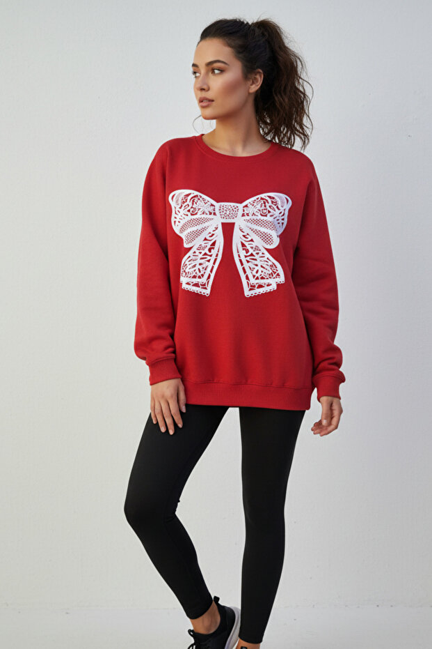 White Lace Ribbon Patterned Women's Oversize Sweatshirt
