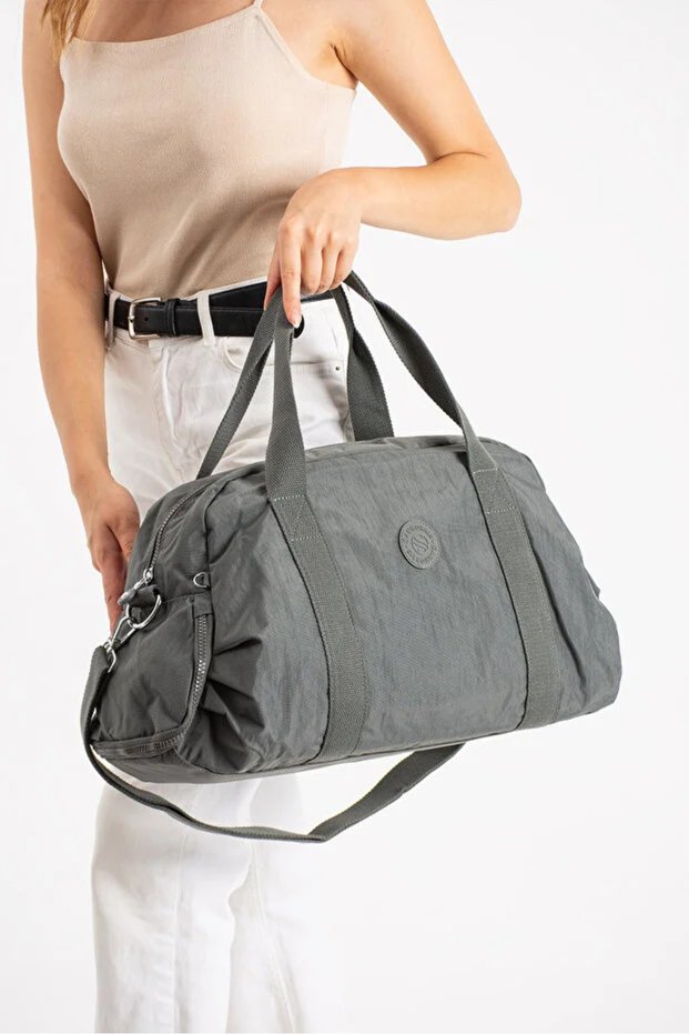 Unisex Gray Crinkle Fabric Shoe Section Cross Strap Sports and Travel Bag 3029