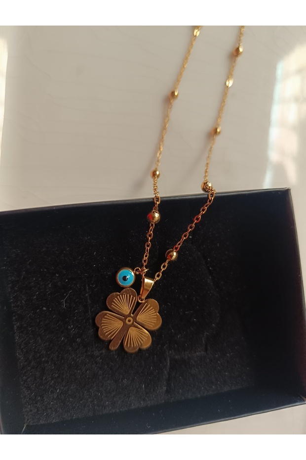 Dört yonca boncuklu Çelik Kolye - 2