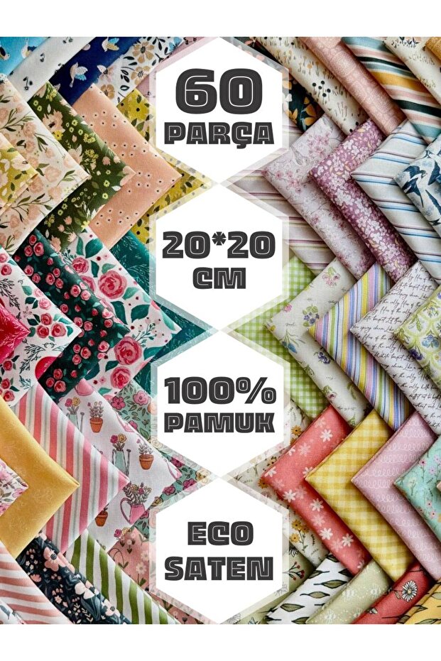 FabricMarket 60 Adet 20x20 cm %100 Pamuk Eco Saten Patchwork Kumaş Seti – Vintage Çiçek Desenli
