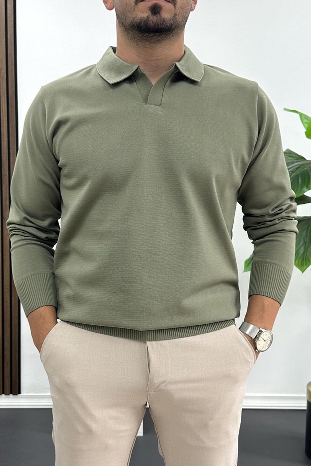 Men's Open Collar Plain Pattern Regular Fit Sweater Khaki Edw423