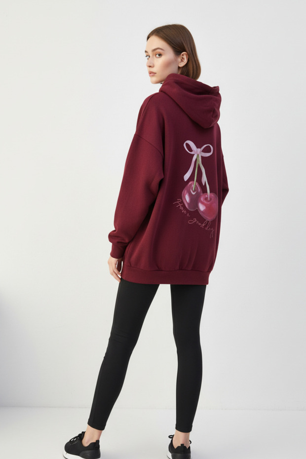 Back Cherry Printed Oversized Hooded Sweatshirt Women's Comfortable Fit Hoodie