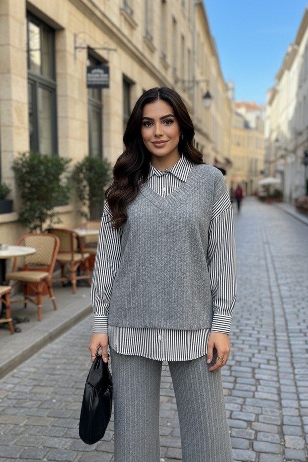 Women's V-Neck Sweater Striped Shirt Knitwear Set