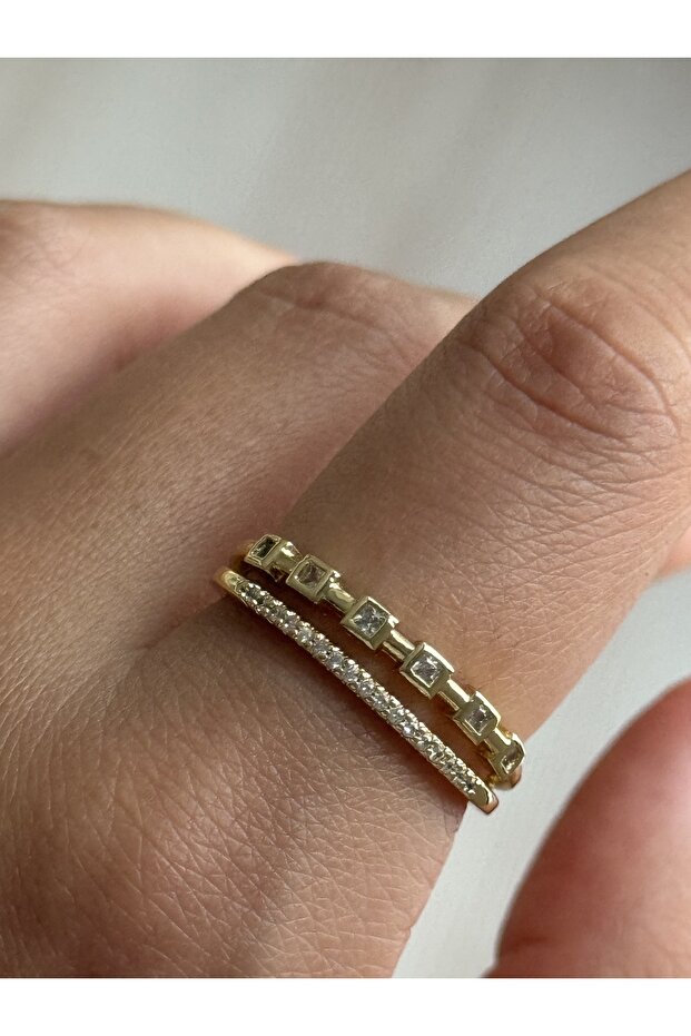 Steel Two Row Quadrilateral Stone Gold Adjustable Women's Ring
