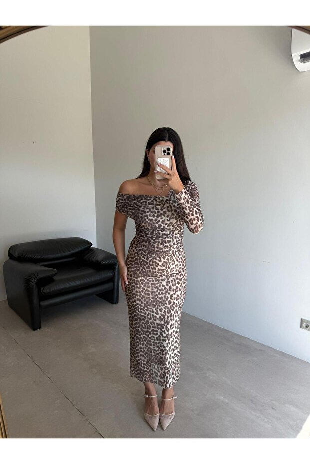 Rochie cu un singur umăr Leopard drapat - 5