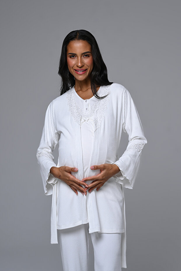 Women's Ecru Jacquard Winter Special Lace Detailed Design Maternity Pajama Set