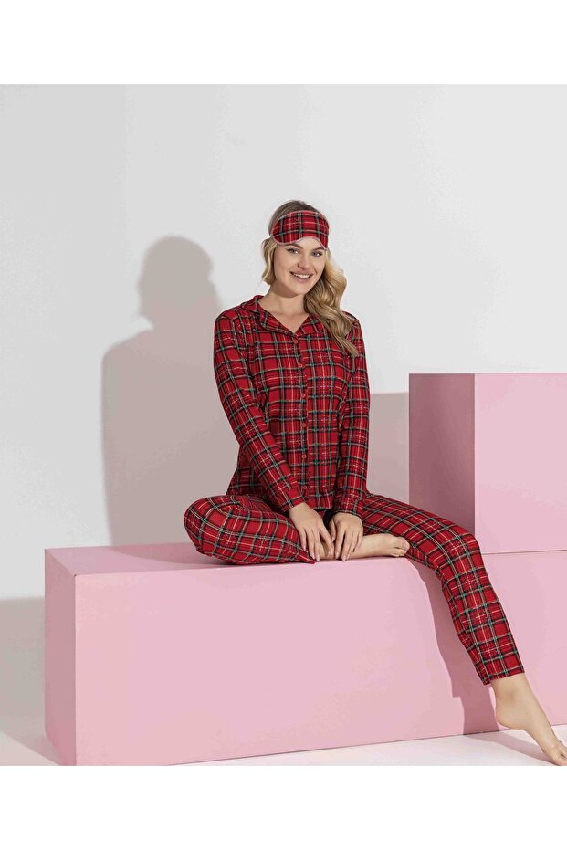 Anne Kız Ekose Süet Pijama Takımı - 5