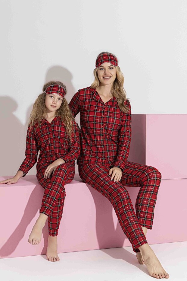 Anne Kız Ekose Süet Pijama Takımı - 1