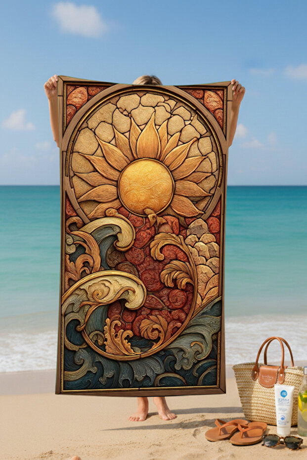 منشفة شاطئ قطنية بنقشة شمسية – تصميم منقوش – 75×150 سم - 2