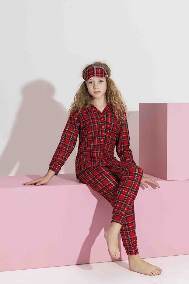 Anne Kız Ekose Süet Pijama Takımı - 4