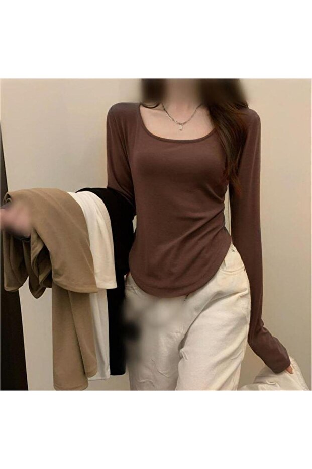 جسم بني أساسي بأكمام طويلة بنية اللون - 1