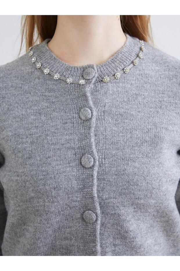 Bisiklet Yaka Taşlı Kadın Triko Hırka (W5) - 3