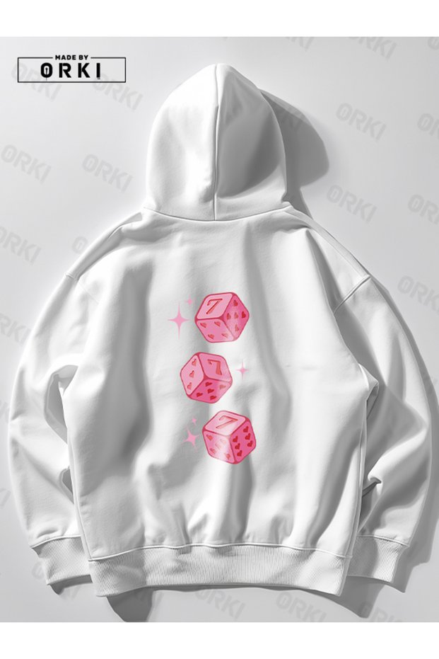 Chance 777 Printed Women's White Oversize Hooded Sweatshirt Hoodie