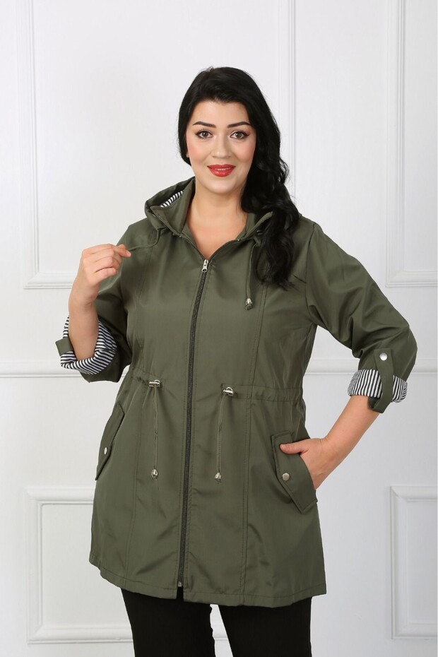 Women's Khaki Striped Lined Plus Size Trench Coat