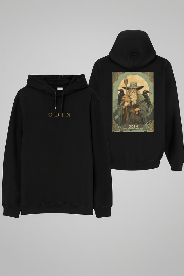 Norse God Odin Printed Adult Black Hooded Hoodie Sweatshirt Hoodie
