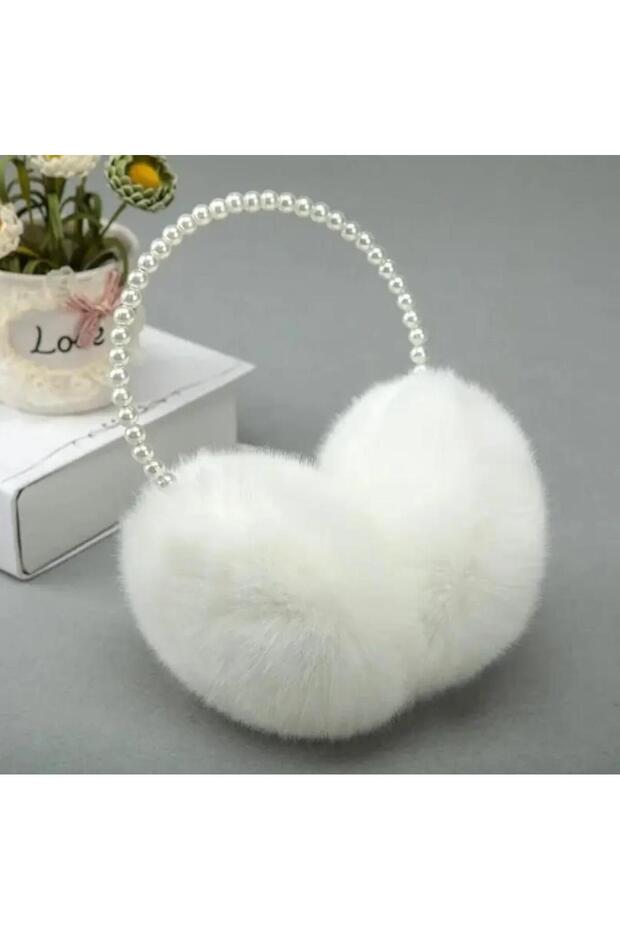 Plush Winter Pearl Detailed Earflap Beanie Warm Protector Against Cold Effective in Pink and White Colors