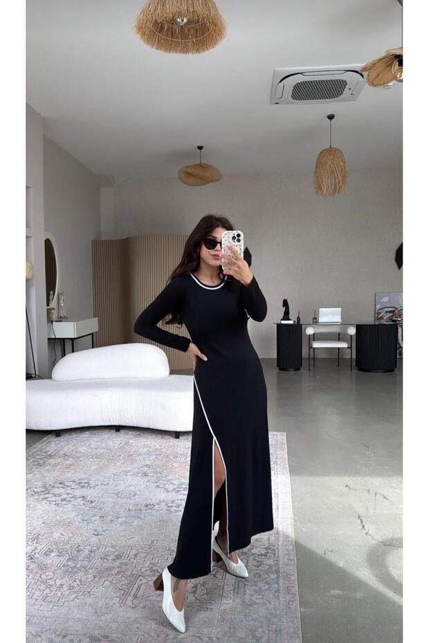 Siyah Biyeli Yırtmaçlı Modal Elbise - 4