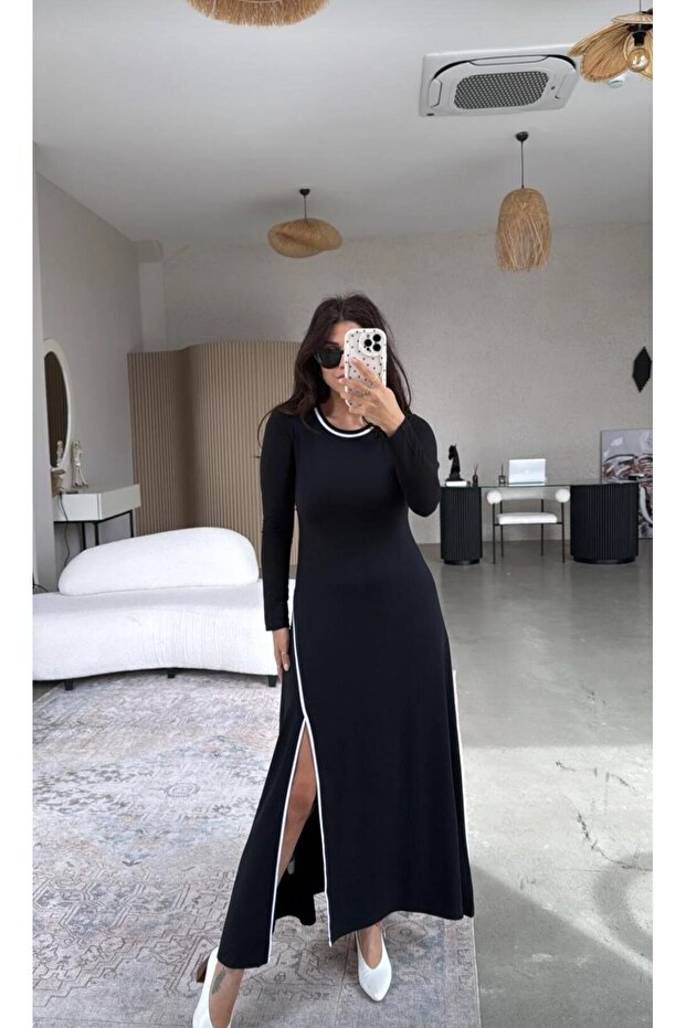 Siyah Biyeli Yırtmaçlı Modal Elbise - 3