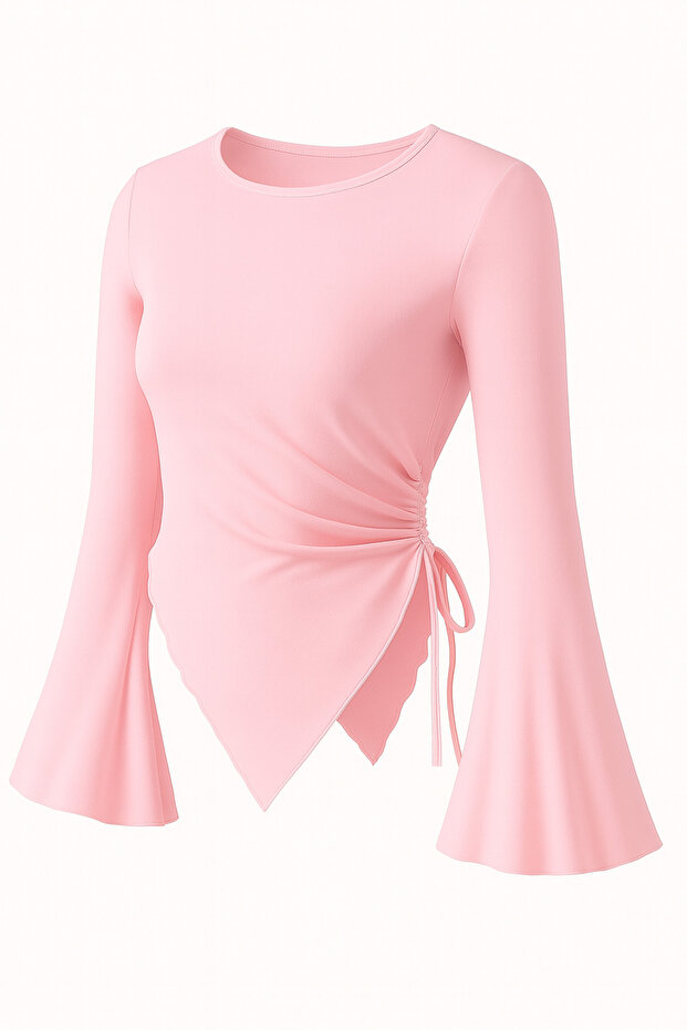 Light Pink Crew Neck Draped Detail Bell Sleeve Modest-Compatible Top Blouse
