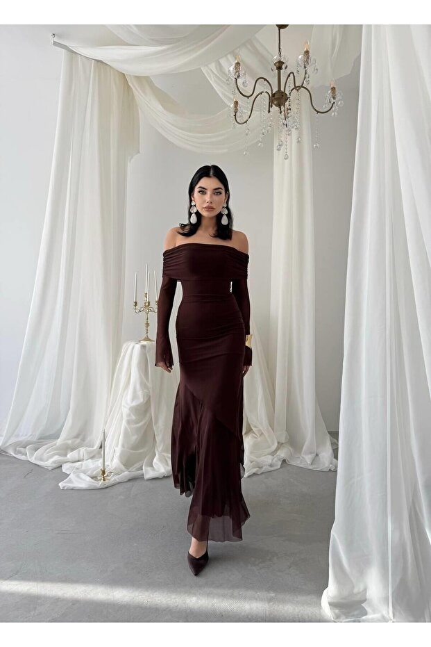 Kahve Madonna Yaka Astarlı Nişan Davet Premium Tül Elbise - 5