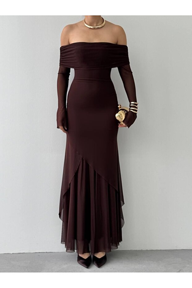 Kahve Madonna Yaka Astarlı Nişan Davet Premium Tül Elbise - 4