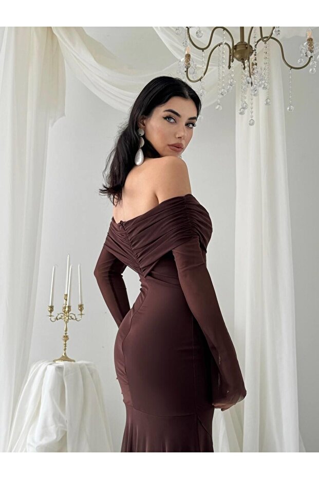 Kahve Madonna Yaka Astarlı Nişan Davet Premium Tül Elbise - 6