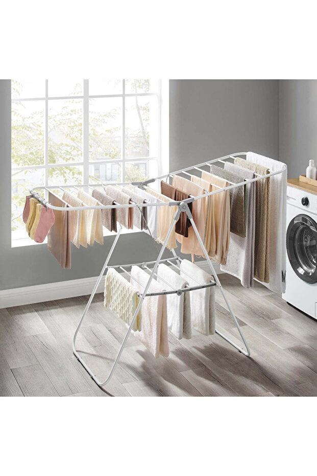 Foldable Clothes Drying Rack with Sock Clips Laundry Drying Rack with Height-Adjustable Gullwings