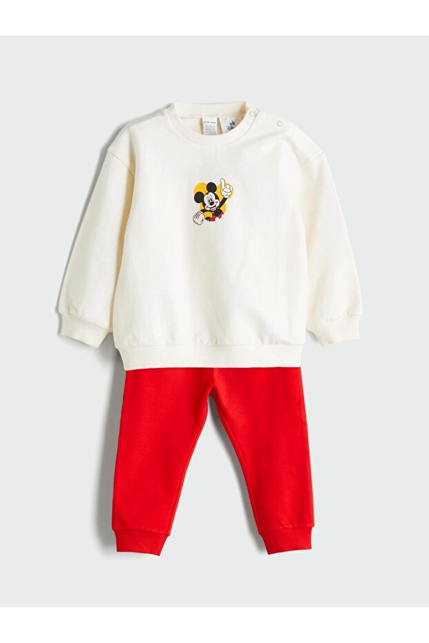 Crew Neck Mickey Mouse Printed Baby Boy Sweatshirt and Tracksuit Bottoms