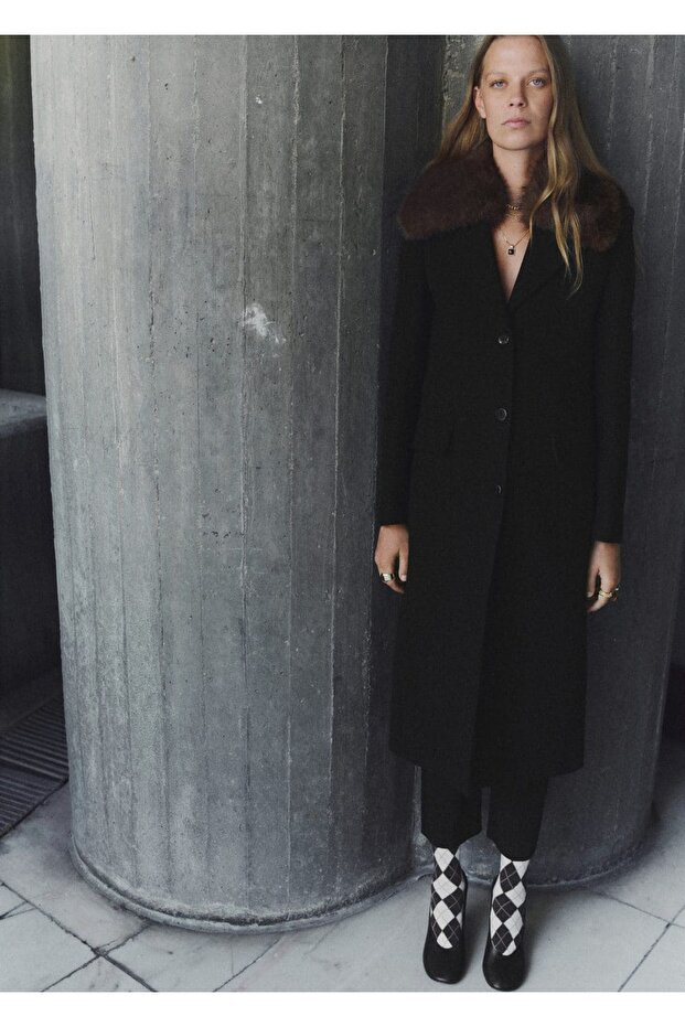 Kürk yaka yün palto - 2