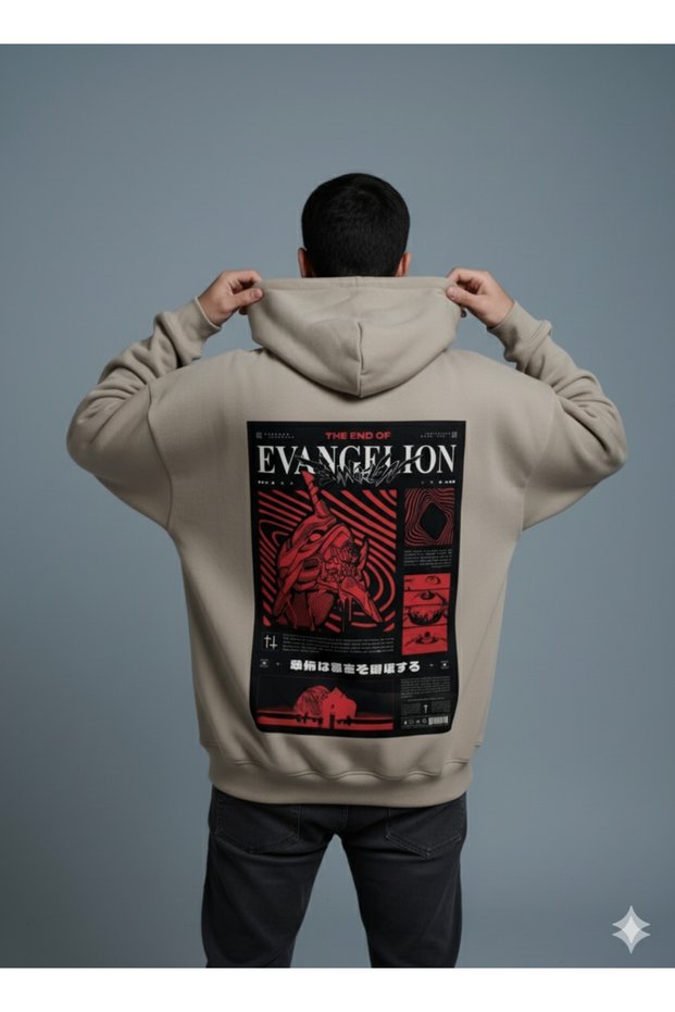 Lenithra Evangelion Back Printed Unisex Oversize Beige Hoodie