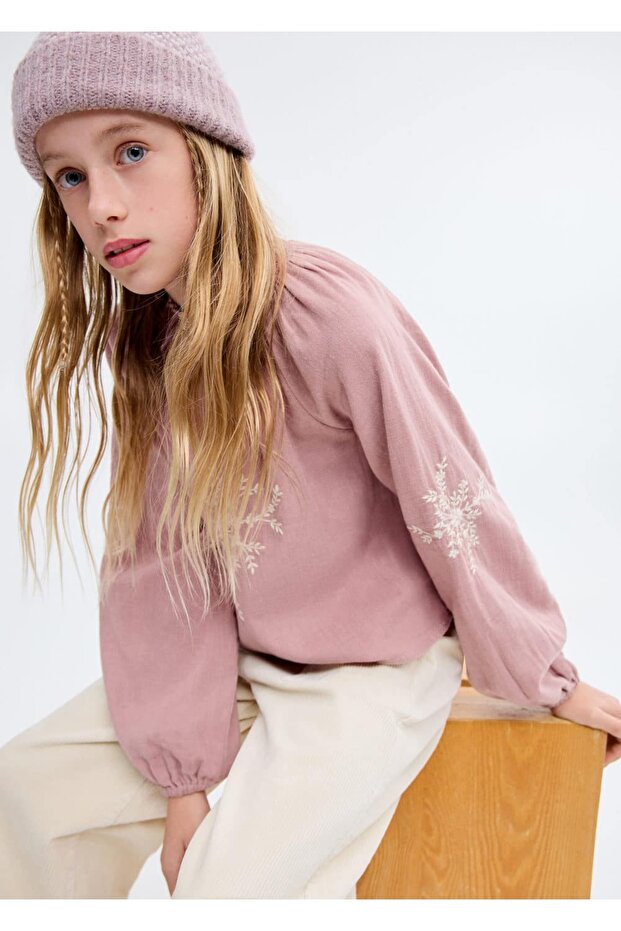 Çiçek işlemeli pamuklu bluz - 6