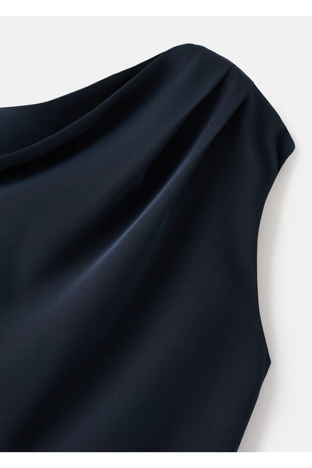 Asimetrik yaka evaze elbise - 5