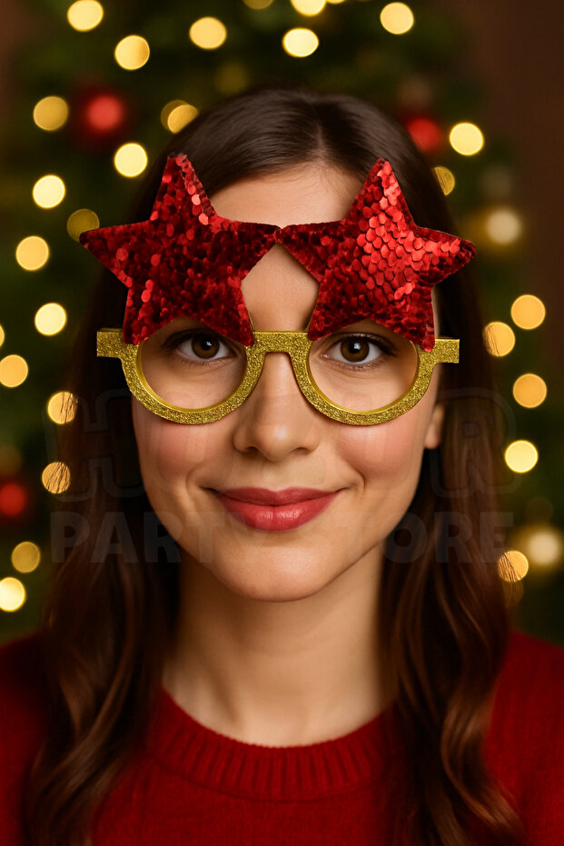 New Year's Glasses Star Shaped Unisex Gold Frame New Year's Glasses Accessory Covered with Red Sequins