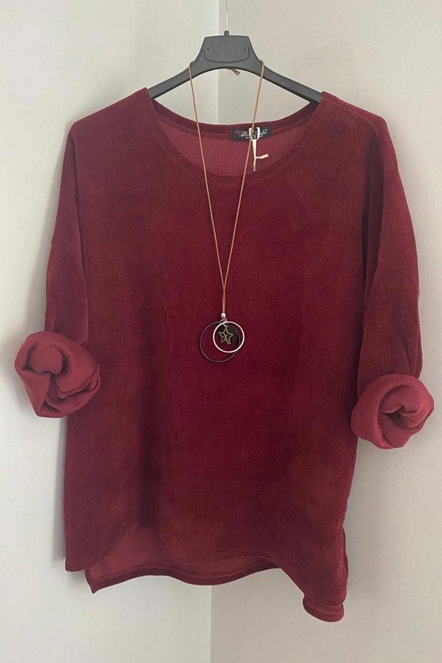 Women's Italian Burgundy Casual Overseize Long Sleeve Velvet Blouse Tunic with Necklace Accessories