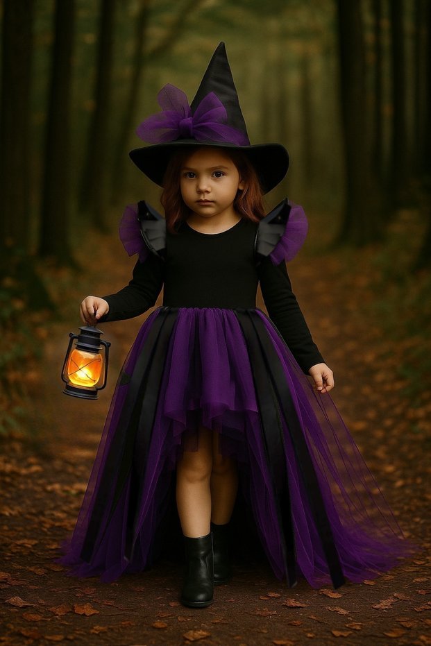 Girl's Purple Tulle Black Witch Costume–Leather Detailed Witch Dress&Hat Halloween Party Outfit