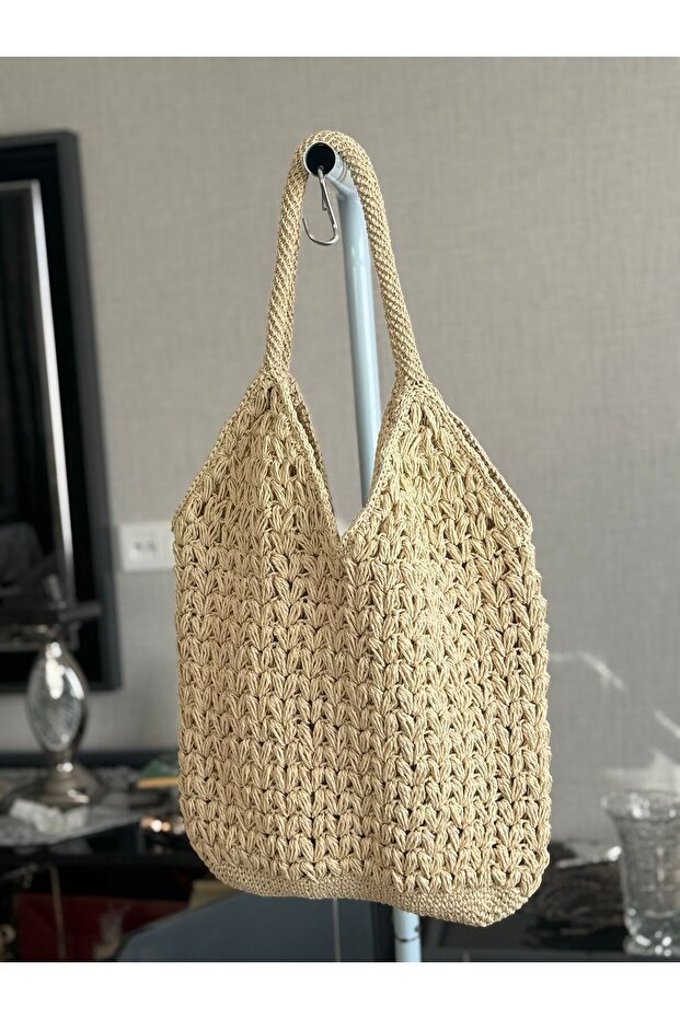 El Örgüsü Hasır Görünümlü Büyük Boy Fular Detaylı Astarlı Yazlık Plaj/Tote Çantası - 2
