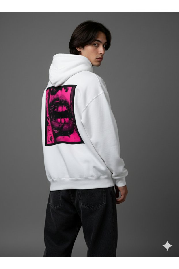 Lenithra Lip and Thorn Back Printed Unisex Oversize White Hoodie