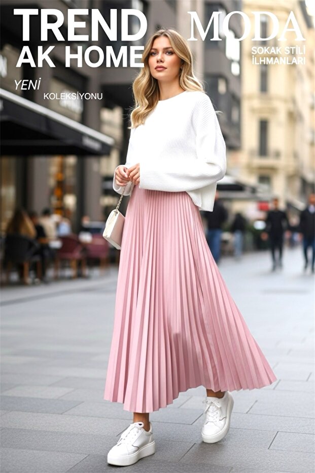 BELİ LASTİKLİ PİLİSELİ PEMBE RENK ETEK - 2