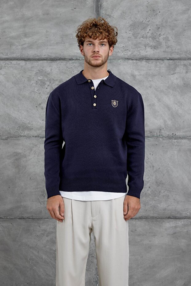 Men's Knitwear Gst Arma Polo Collar Navy Blue Oversize Knitwear Fabric