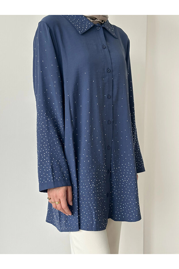 Taş Baskılı Gömlek - İndigo - 7
